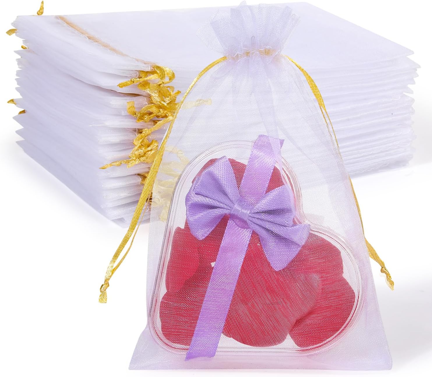 100PCS White Organza Gift Bags with Gold Drawstring