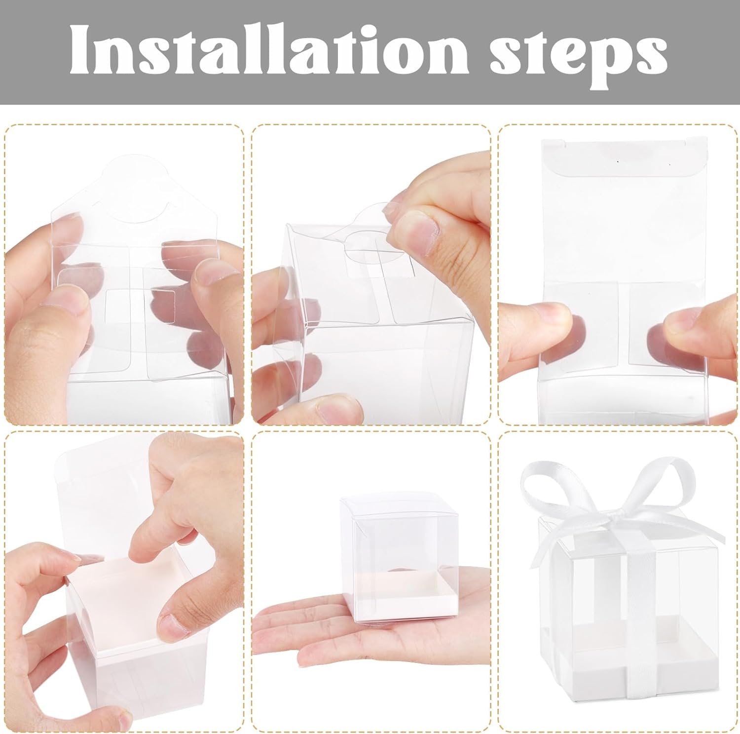 Hxezoc 50 Pack Clear Candy Gift Boxes with White Ribbons