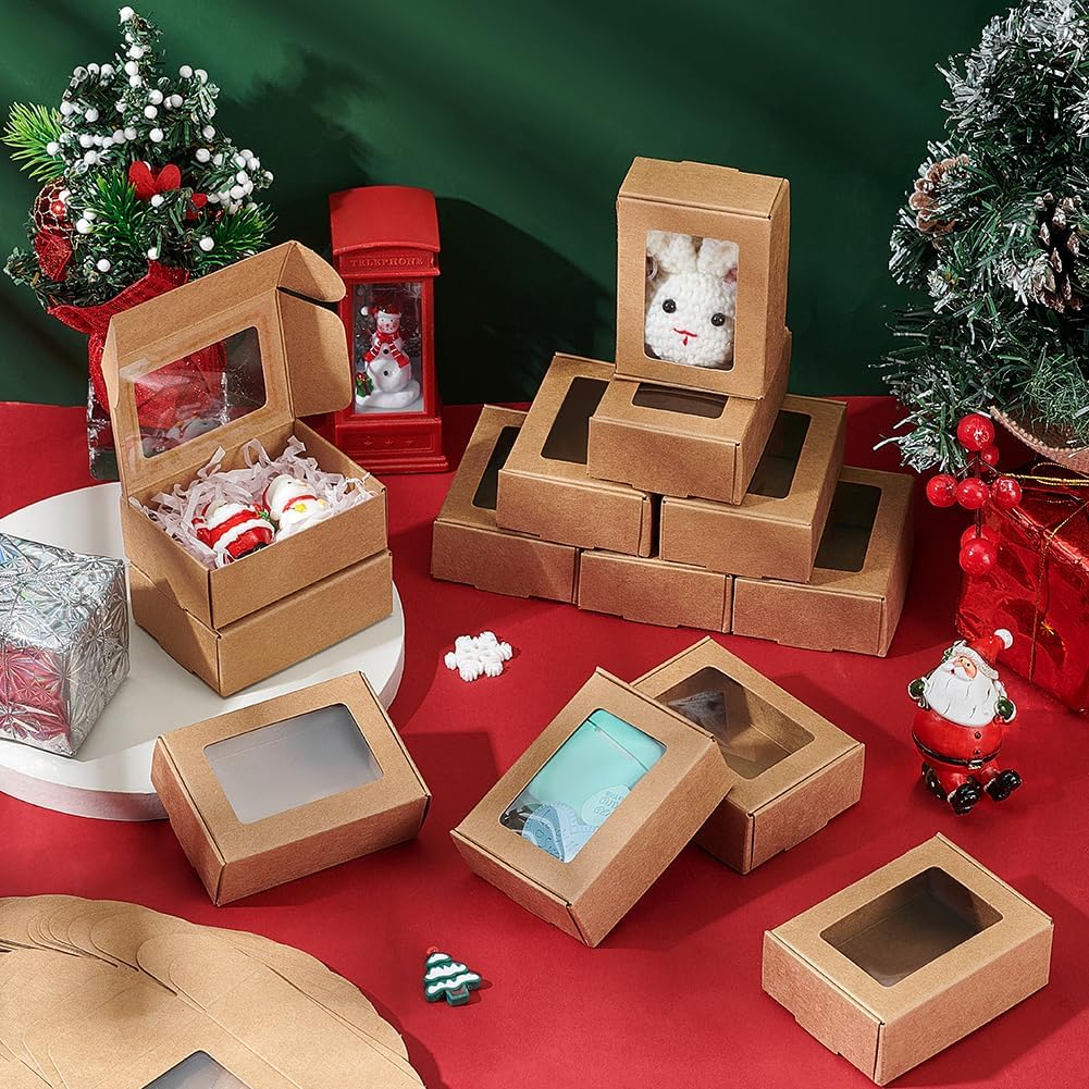 BENECREAT 30 Pack Rectangle Brown Kraft Gift Boxes with Clear Window