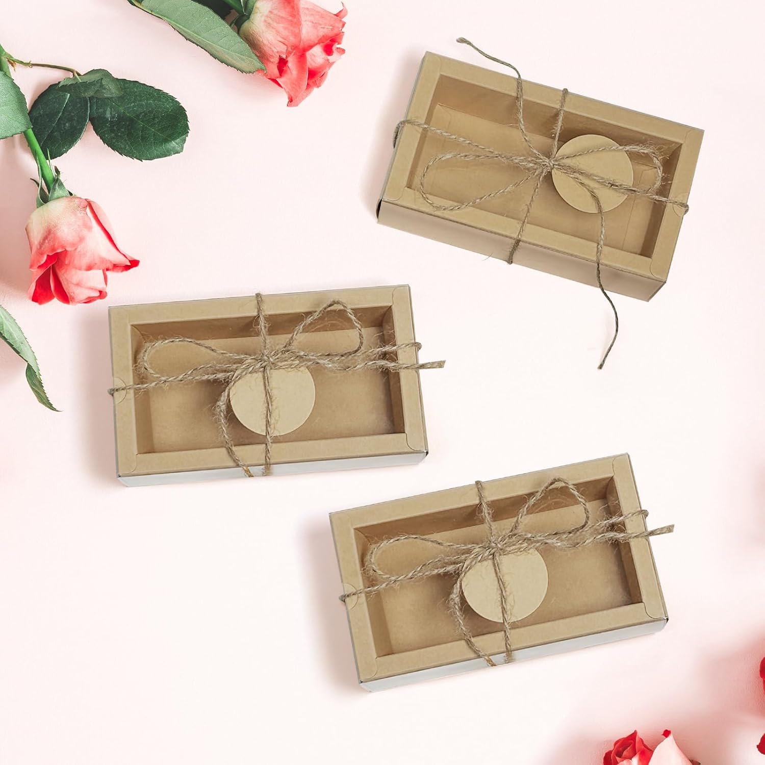 30 Sets Kraft Gift Boxes with Clear Window and Jute String