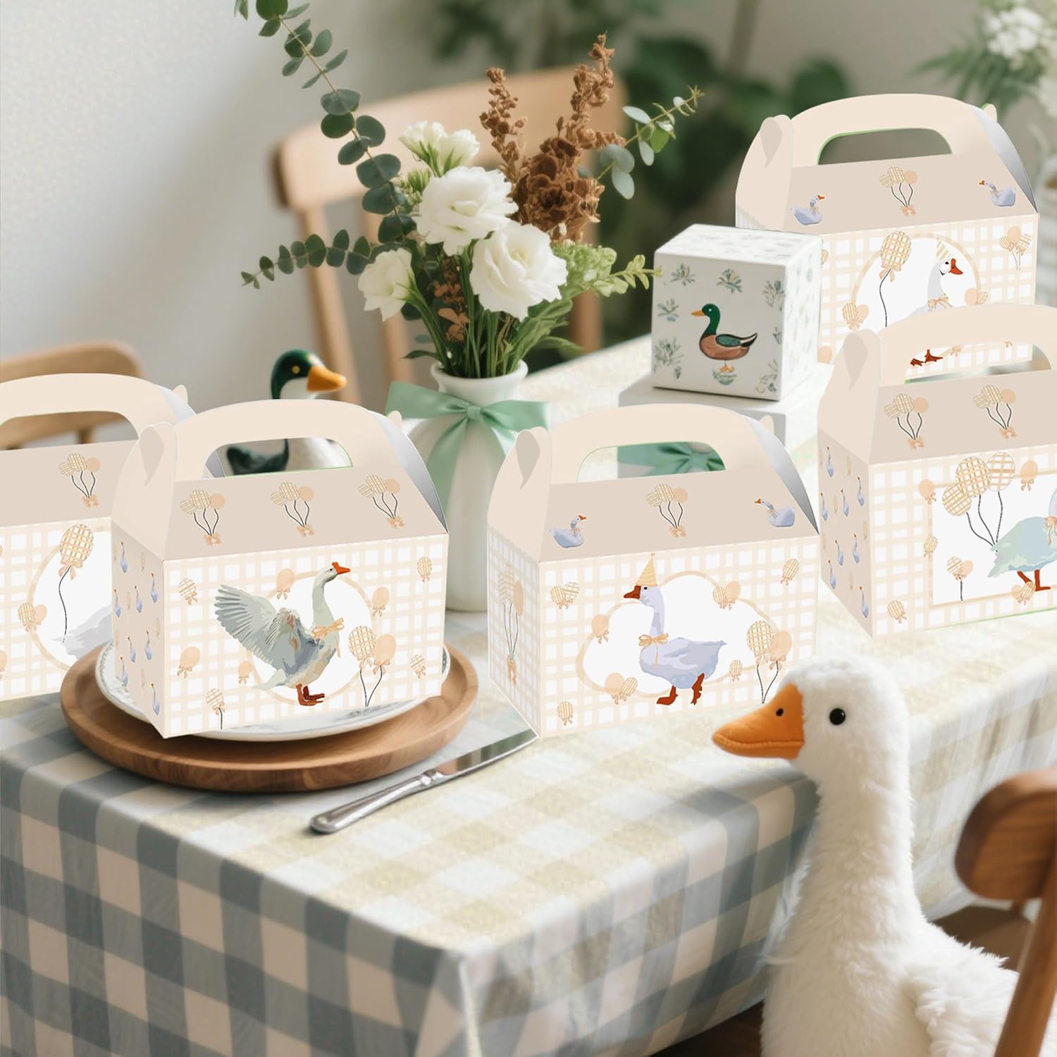 Silly Goose Themed 12 Piece Beige Gingham Party Boxes