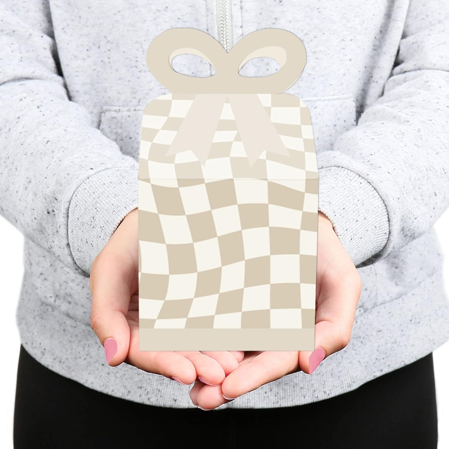 Big Dot of Happiness Tan Checkered Bow Gift Boxes Set of 12