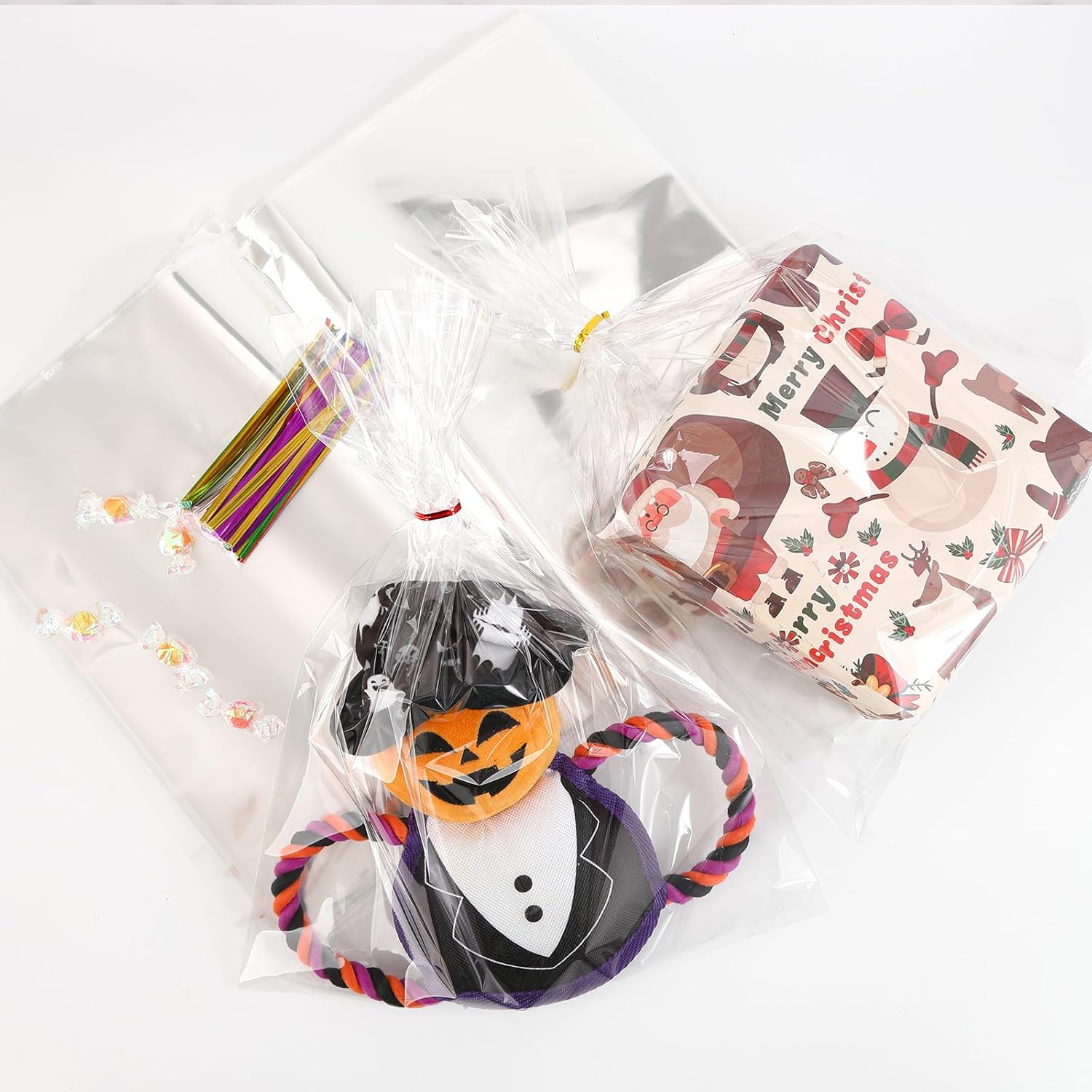 SOMIOCO Clear Cellophane Bags 14x18 50 Cnts with Twist Ties