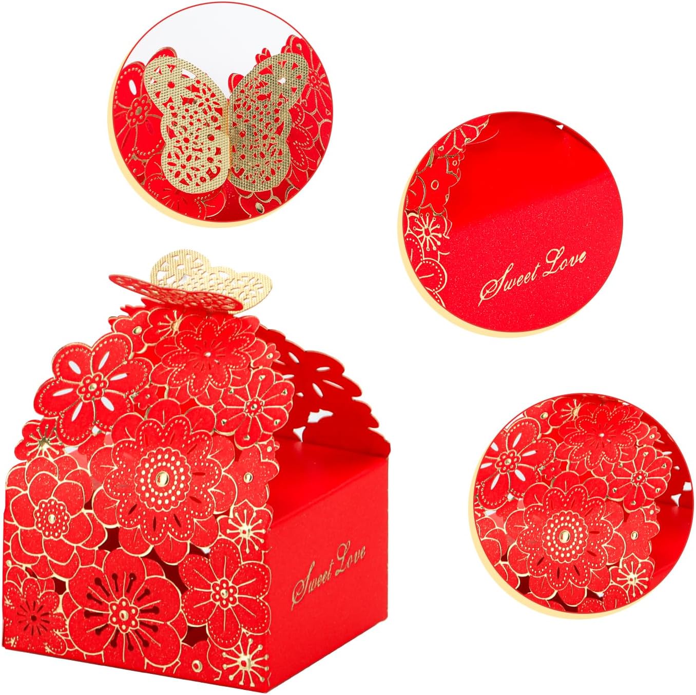 KAZIPA 50pcs Laser Cut Butterfly Favor Boxes Gold Stamping Red