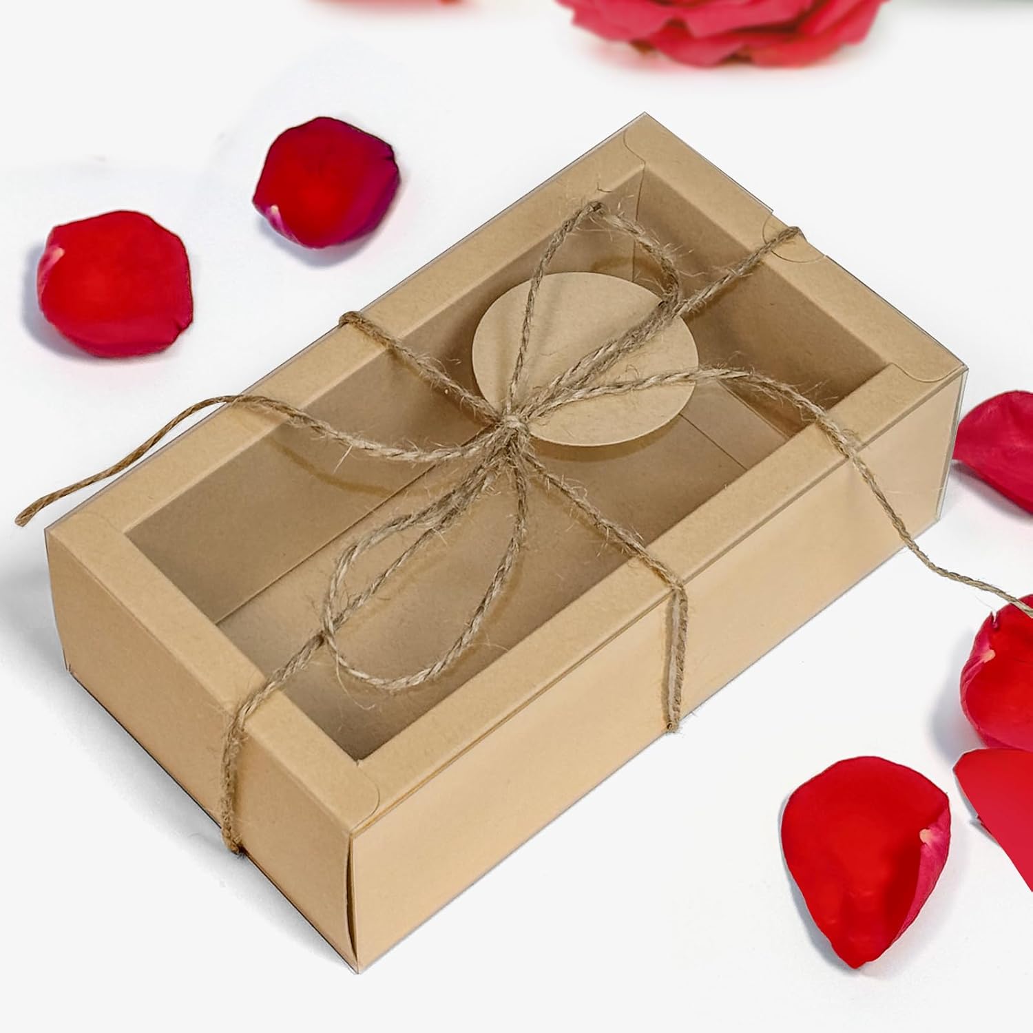 30 Sets Kraft Gift Boxes with Clear Window and Jute String