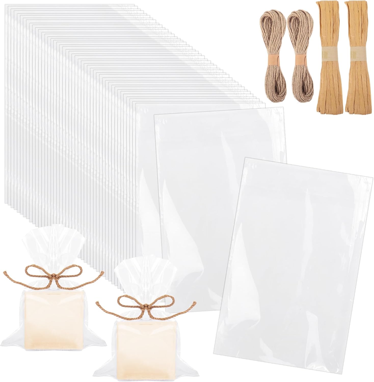 Klmnop 200Pcs Clear Soap Bags with Hemp and Paper Rope Packaging Set