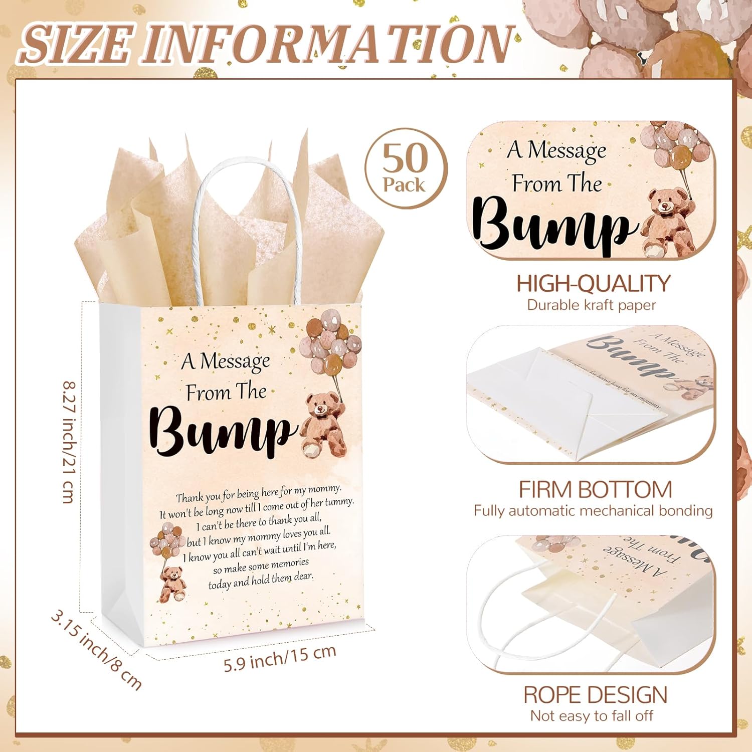 50 Piece Bear Balloon Gift Bags with Handles and Tissue Paper