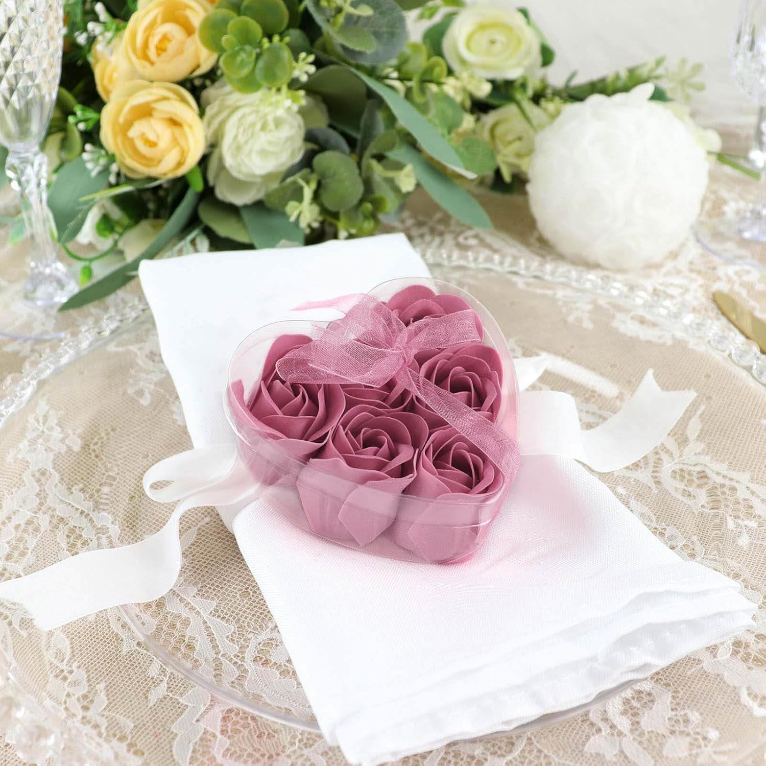 4 Pack Dusty Rose Scented Soap Roses with Gift Boxes and Ribbons