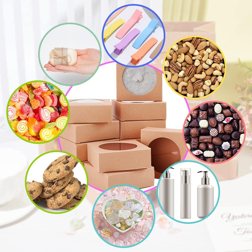 BENECREAT 24 Pack Brown Kraft Gift Boxes with Clear Window