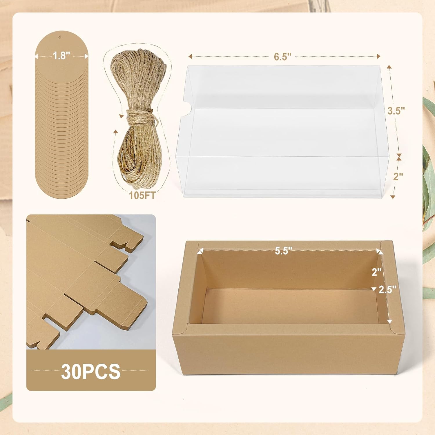 30 Sets Kraft Gift Boxes with Clear Window and Jute String