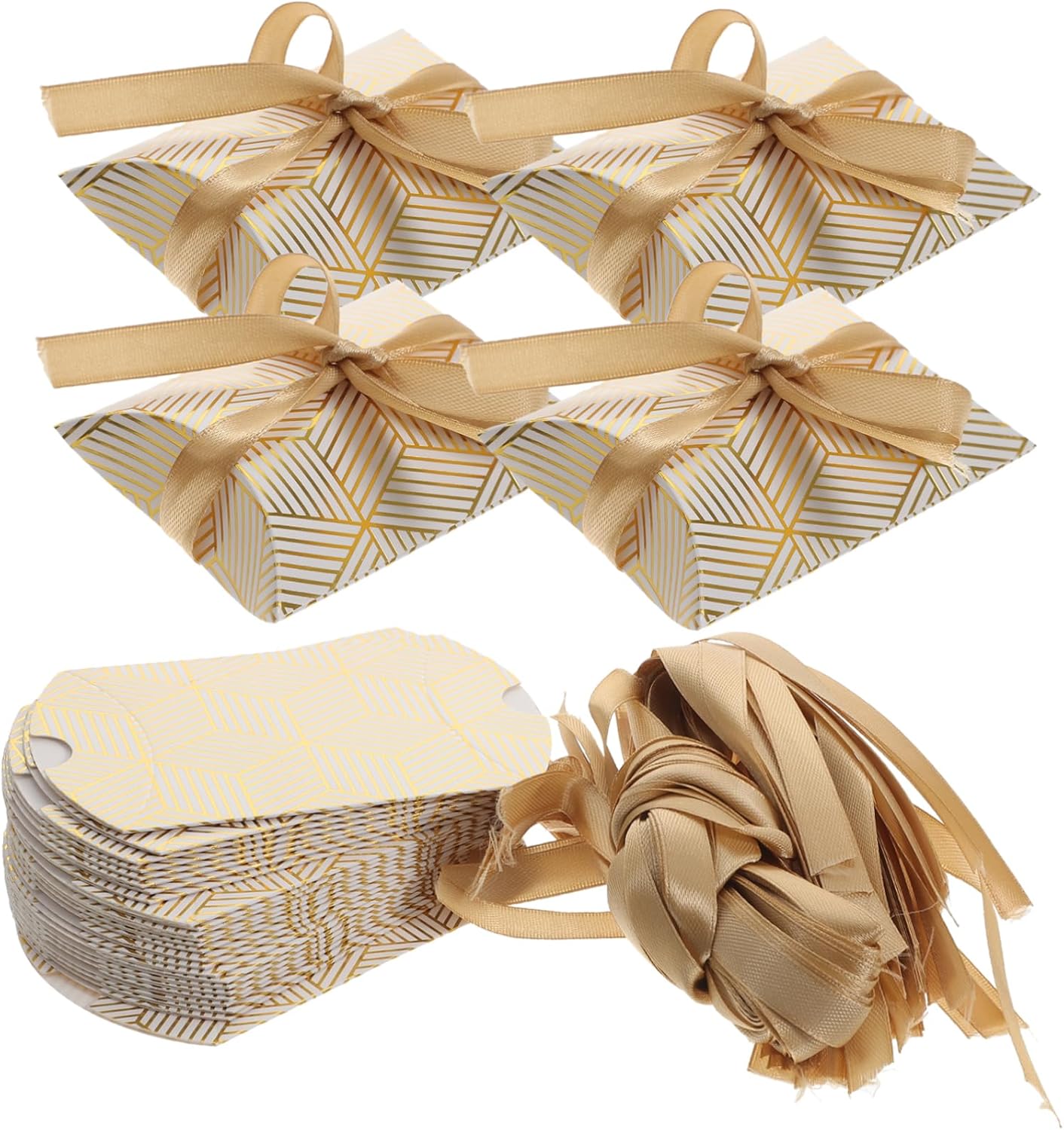 Beaupretty 50pcs Foil Candy Pillow Boxes with Ribbons for Weddings and Parties