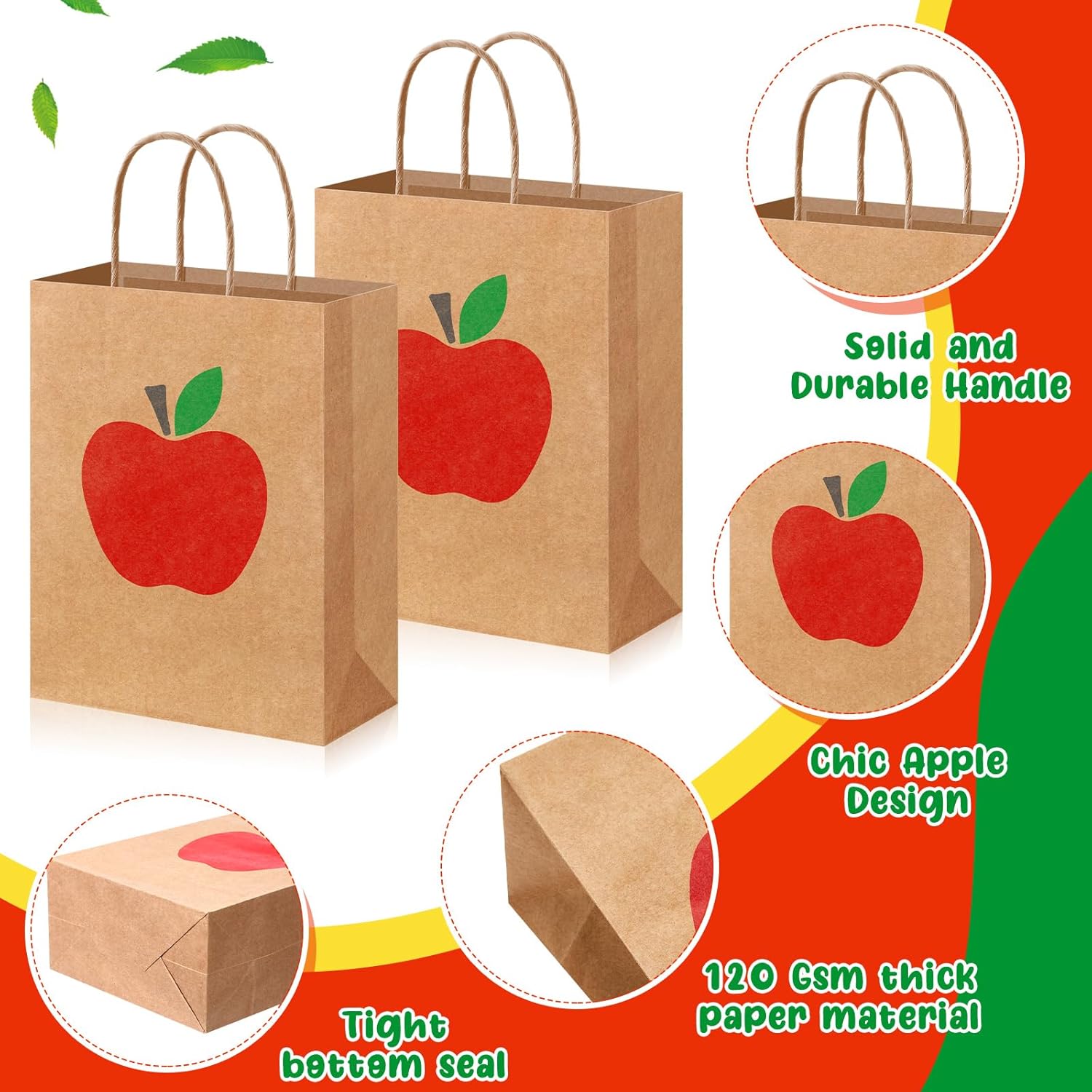 Kolldenn 48 Piece Kraft Apple Gift Bags with Handle