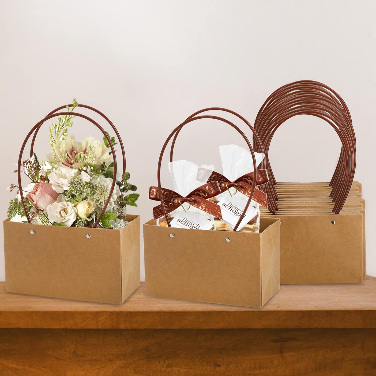 DEAYOU 10-Pack Brown Kraft Flower Gift Bags with Handles