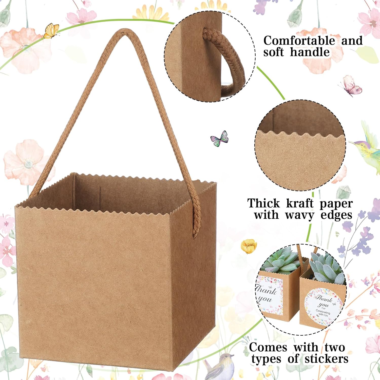Faccito 60 Pack Succulent Wrap Bags with Wildflower Stickers