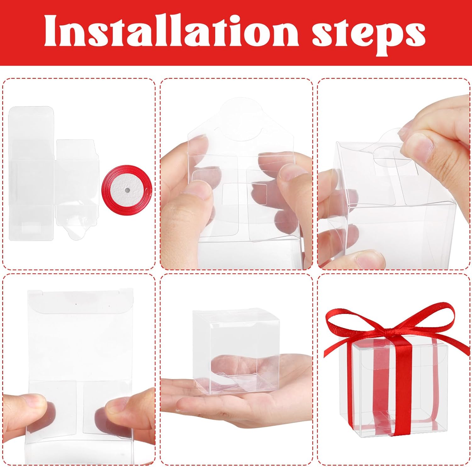 Adecortalk 50 Pcs Clear Gift Boxes With Red Ribbon