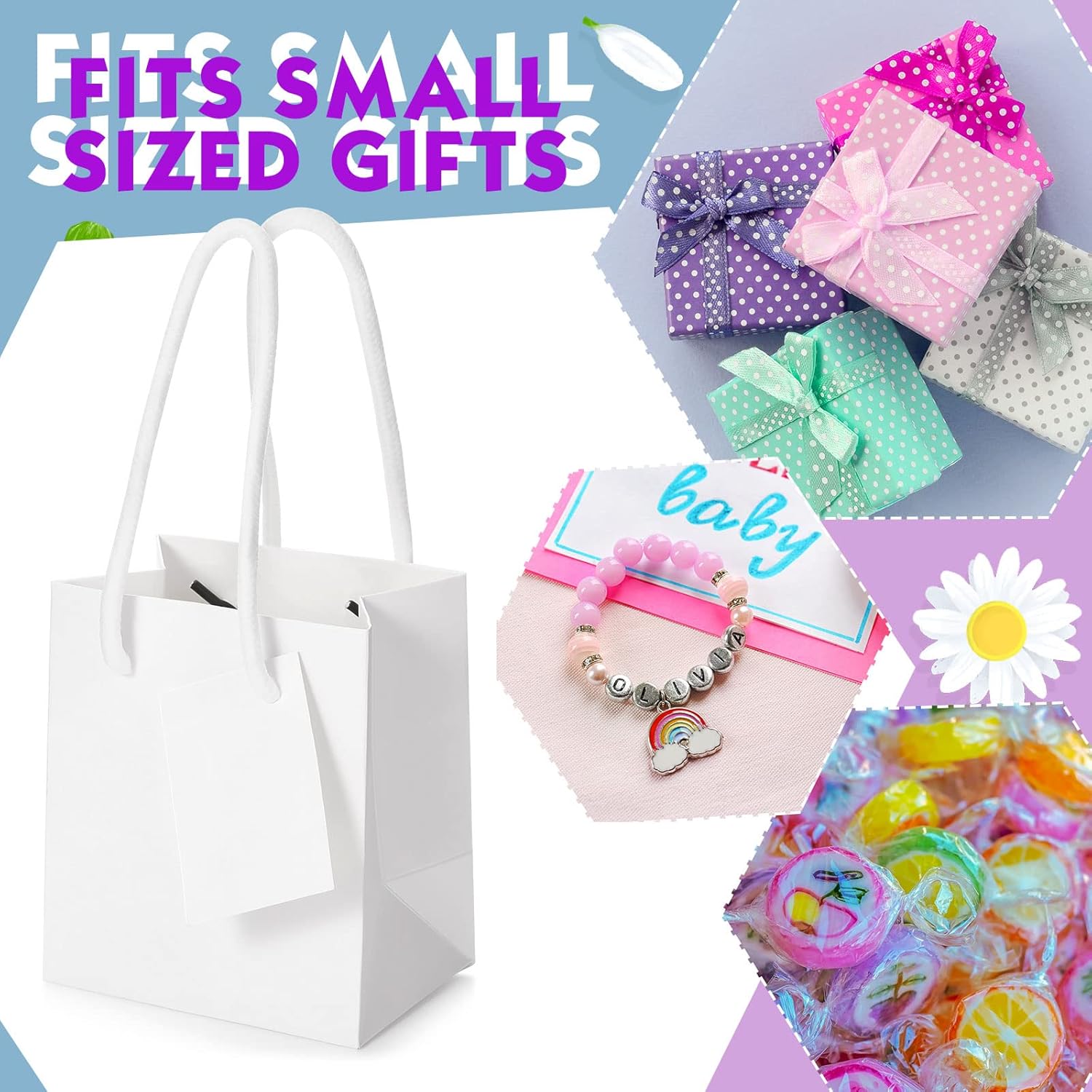 Sherr 100 Pack Mini White Gift Bags with Handles