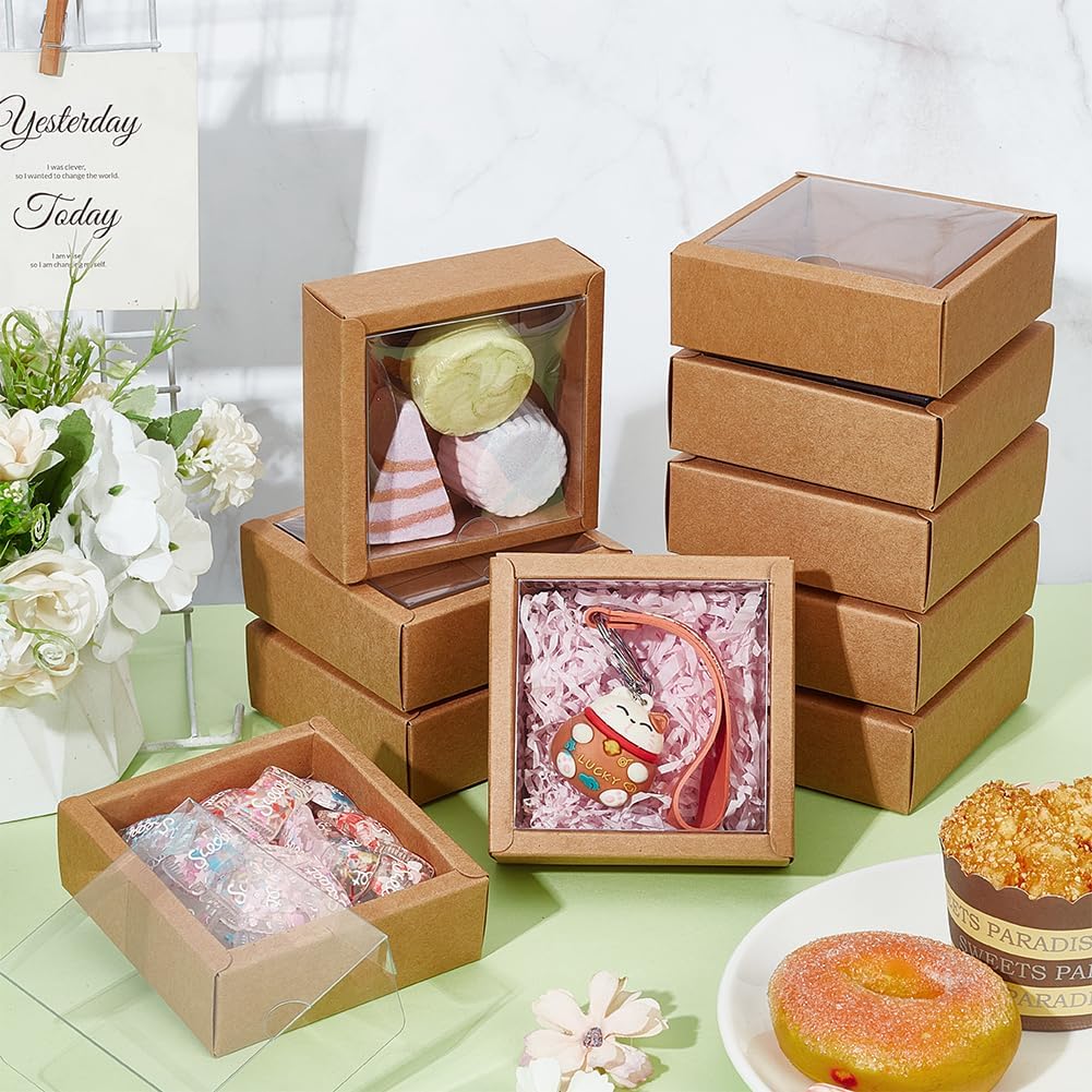 BENECREAT 20Pcs Brown Square Paper Boxes with Clear Window