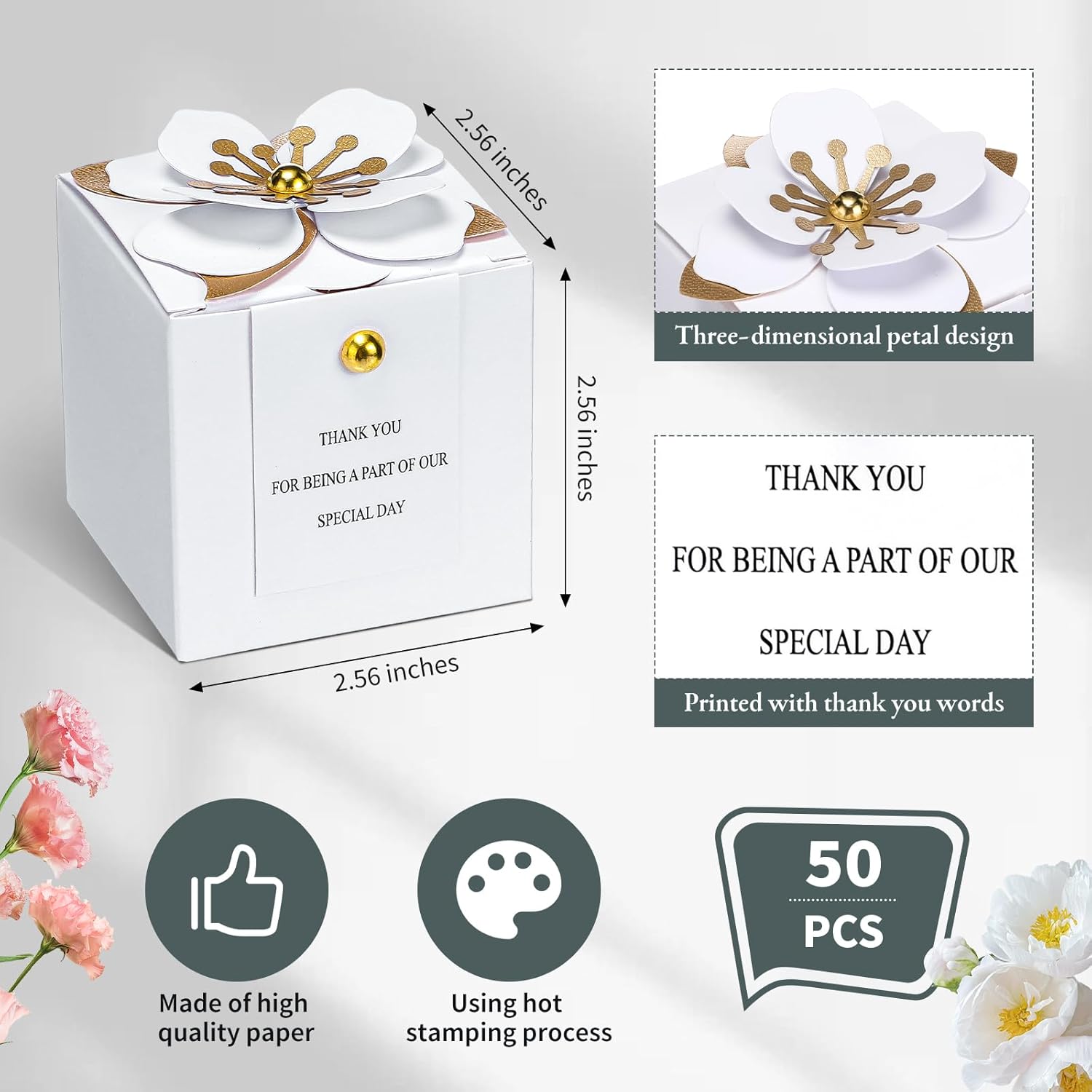 Affrolling 50 Pcs Wedding Favor Boxes with Gold Stamens