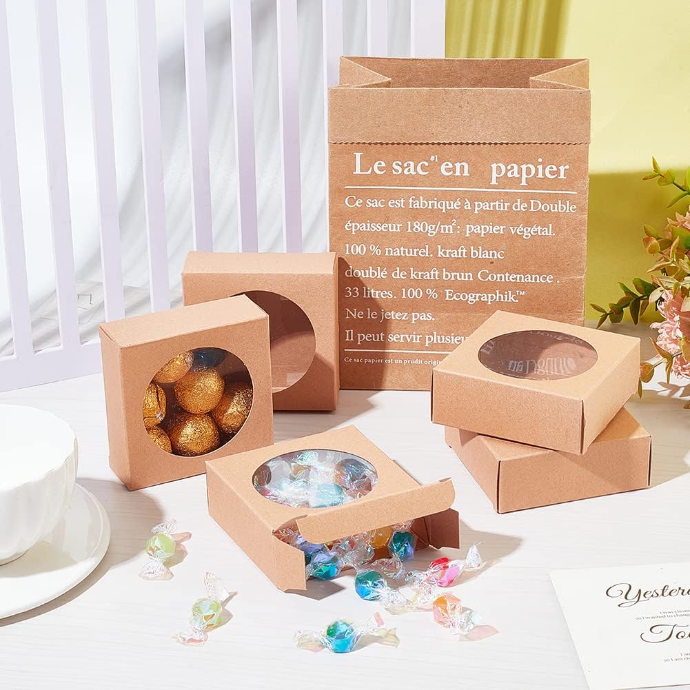 BENECREAT 24 Pack Brown Kraft Gift Boxes with Clear Window
