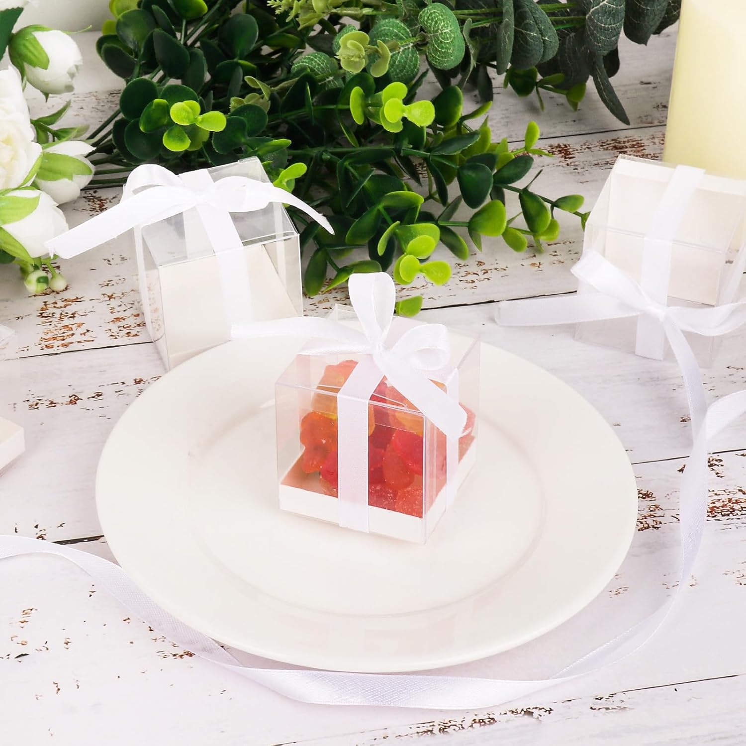 Hxezoc 50 Pack Clear Candy Gift Boxes with White Ribbons