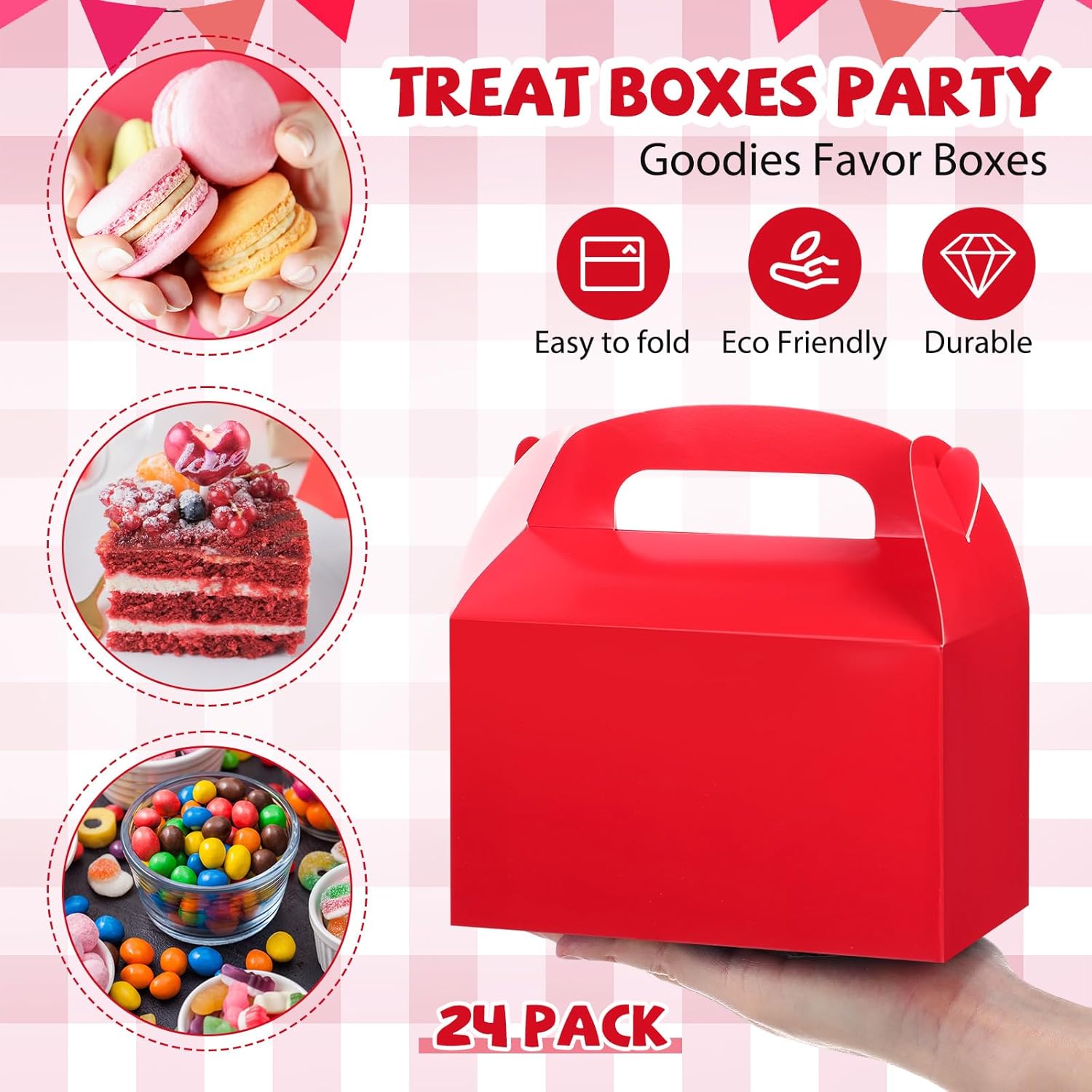 Marspark 24 Pcs Gingham Treat Boxes with Handles
