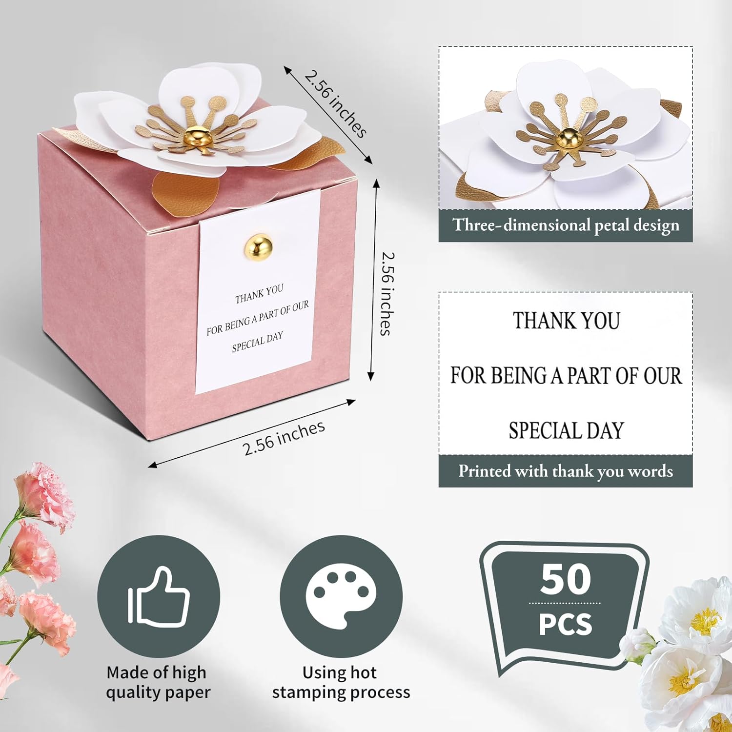 Affrolling 50 Pcs Wedding Favor Boxes with Pink Thank You Cards