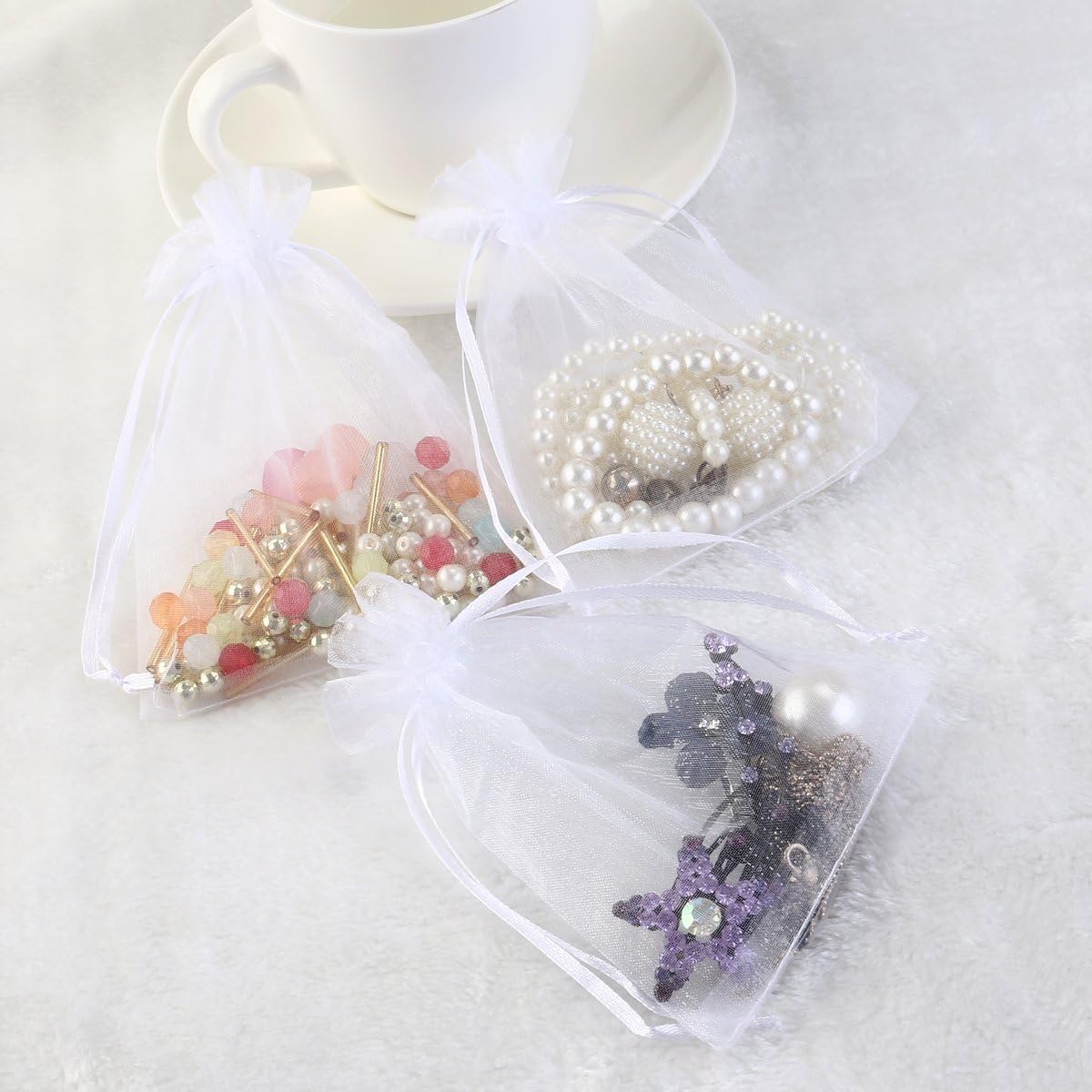 100pcs White Drawstring Organza Gift Bags for Wedding Party Favor