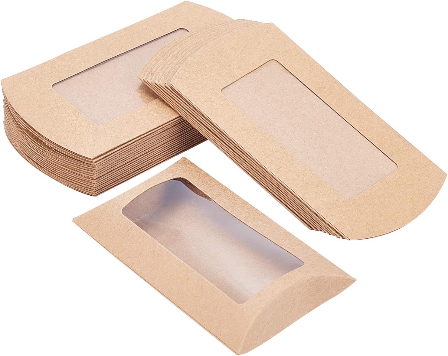 BENECREAT 30pcs Brown Kraft Paper Pillow Boxes with Clear Window