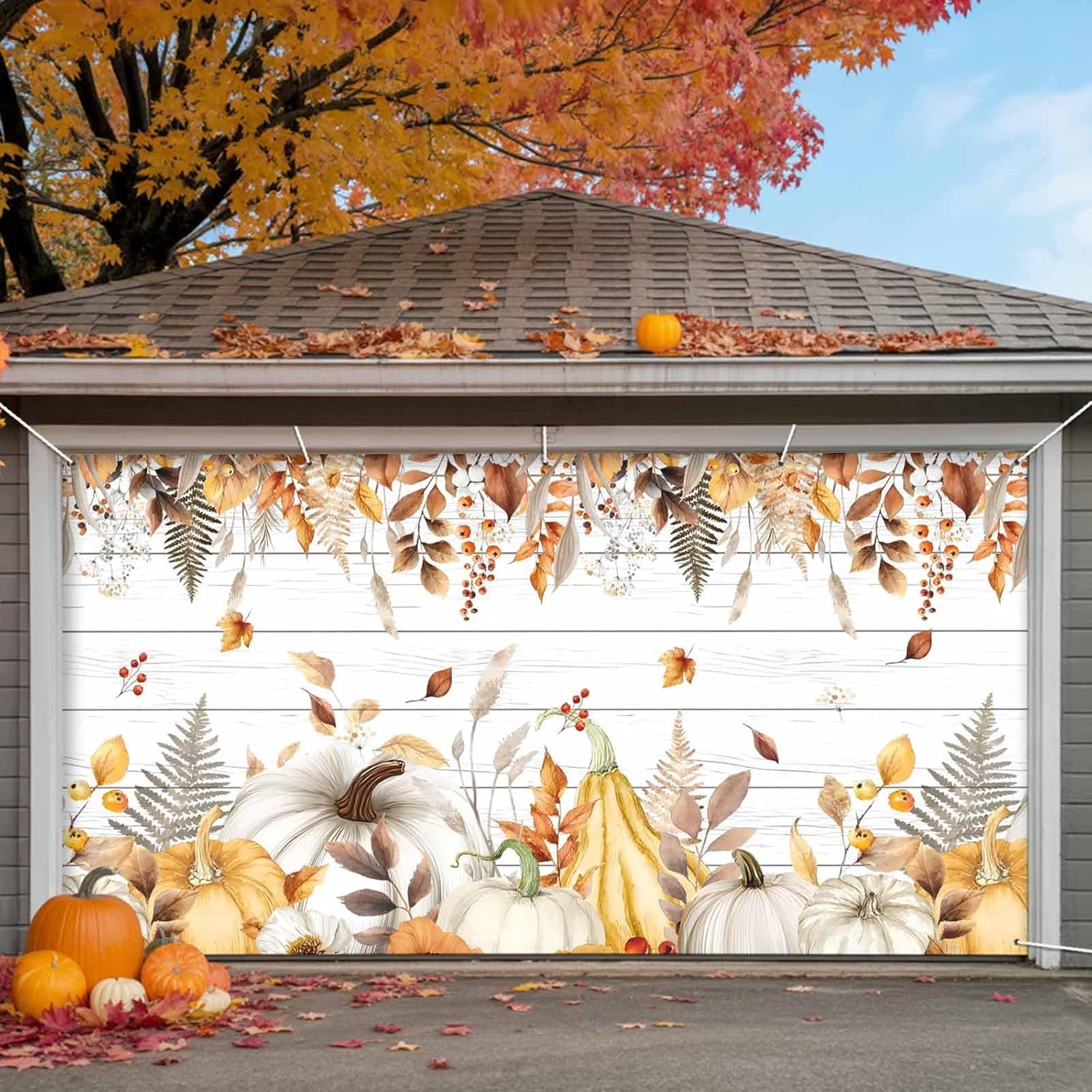 Fall Garage Door Banner with Pumpkins and Maple Leaves