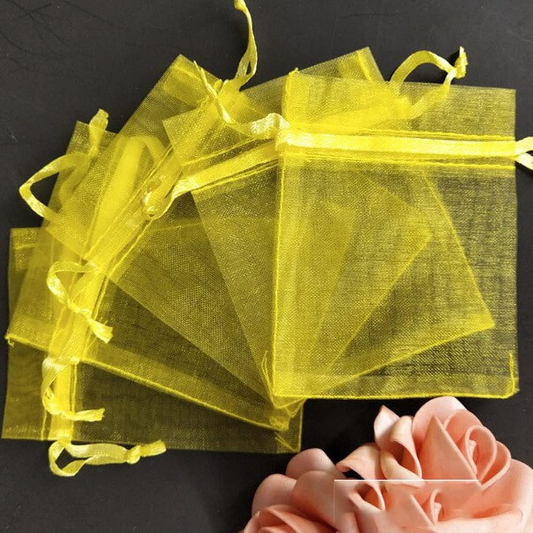 Pack of 100 Yellow Organza Gift Bags 5x7 Inches Drawstring