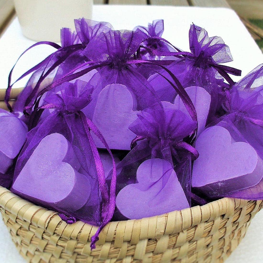 50 Pack Organza Gift Bags 5x7 Inch Purple Drawstring Sheer Packaging