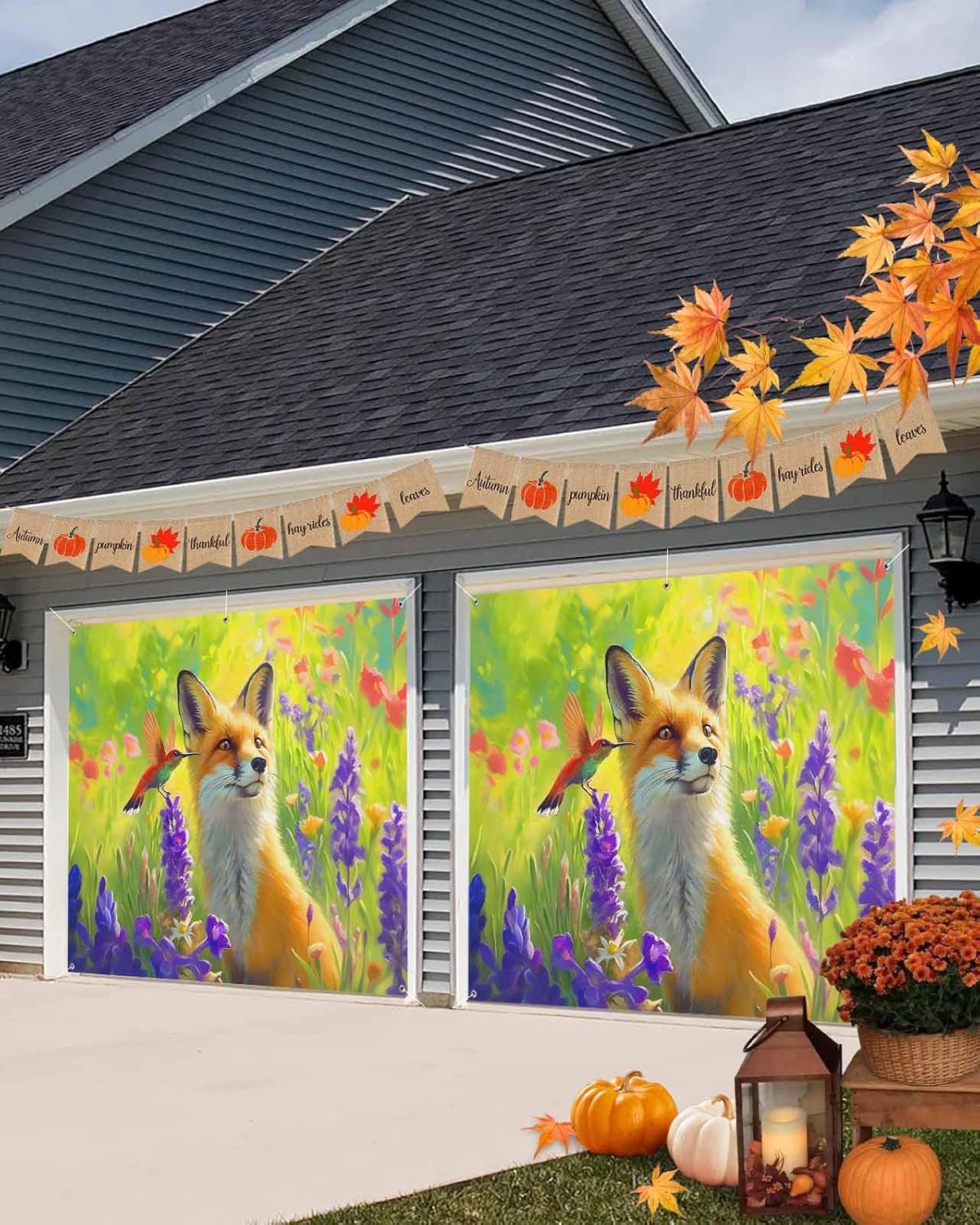 Singingin Fall Garage Door Banner 7x8 ft Fox Hummingbird Lavender Flowers