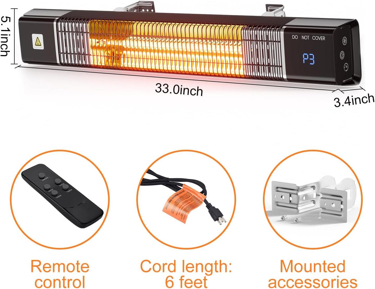 Uthfy 1500 Watt Electric Wall Mounted Patio Heater with Remote Control