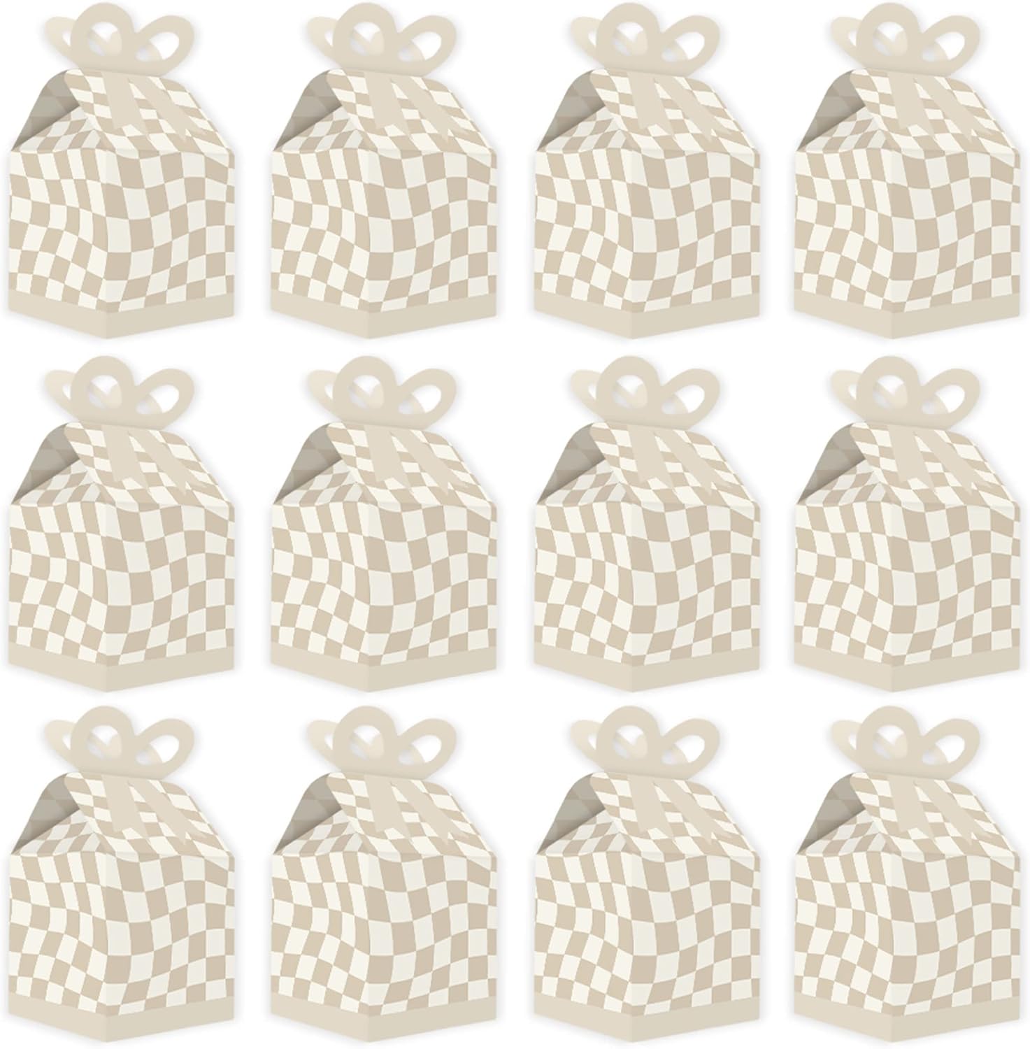 Big Dot of Happiness Tan Checkered Bow Gift Boxes Set of 12