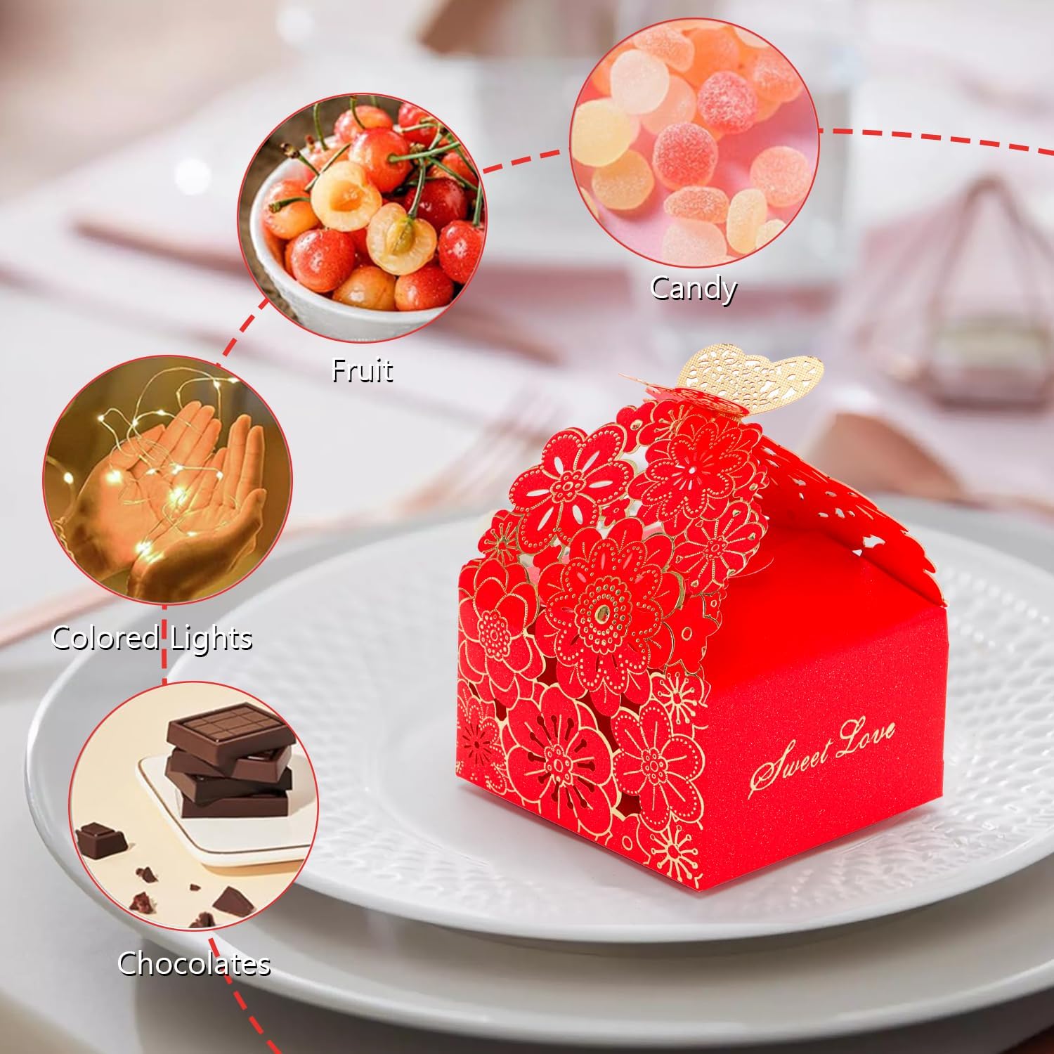 KAZIPA 50pcs Laser Cut Butterfly Favor Boxes Gold Stamping Red