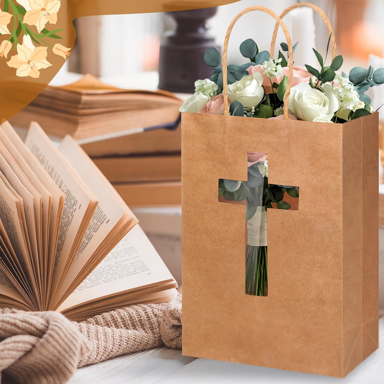 Eersida 48PCS Kraft Gift Bags with Cross Window