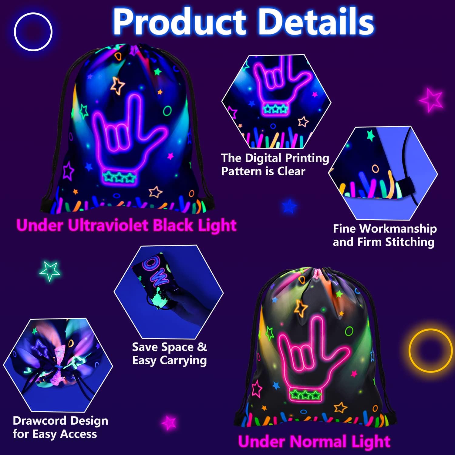 XJLANTTE Glow in the Dark Party Bags with Drawstring