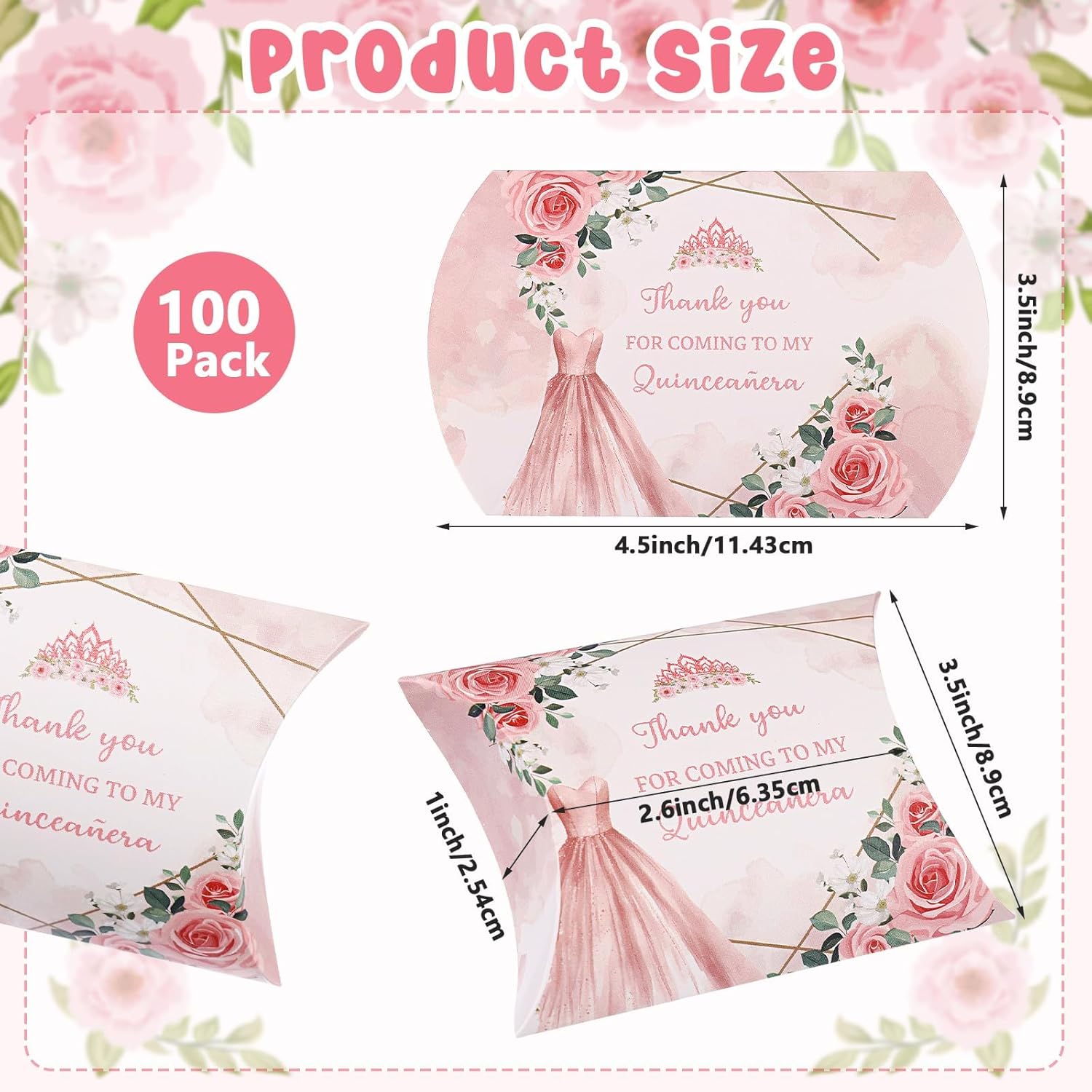 100 PCS Quinceanera Pillow Gift Boxes Rose Gold 15th Birthday Party Favors