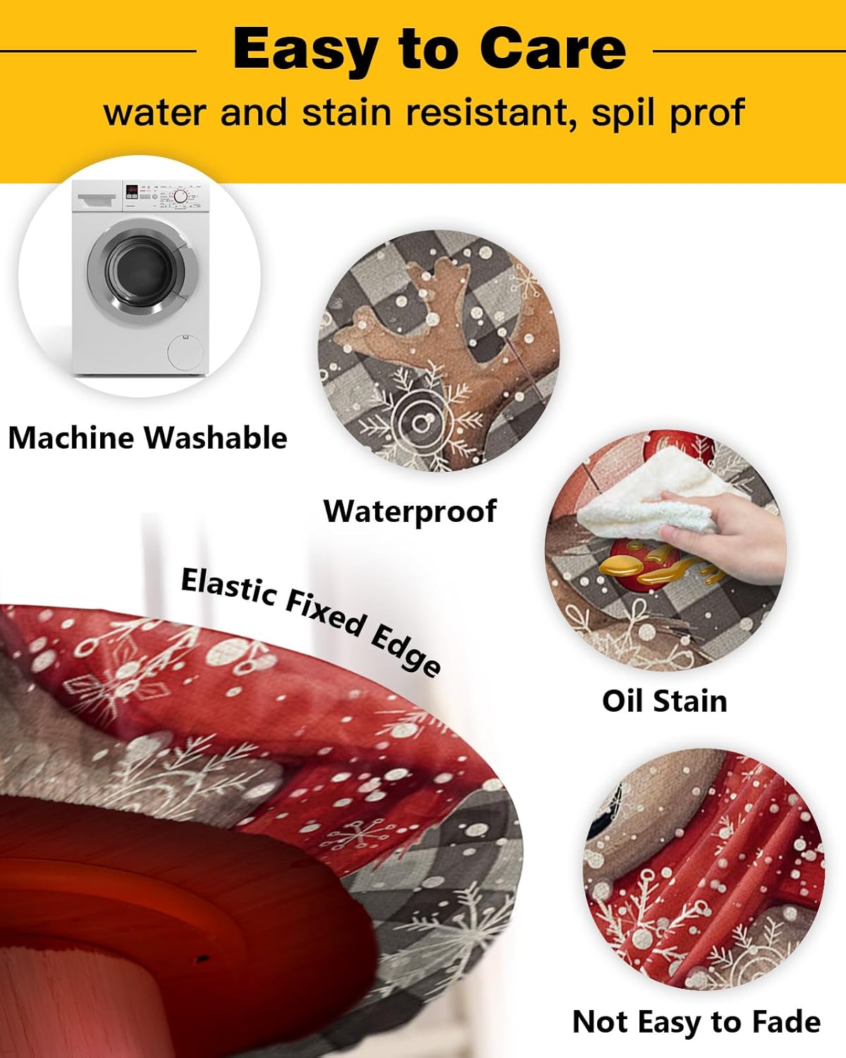 Christmas Elk Round Waterproof Table Cover Fitted Tablecloth
