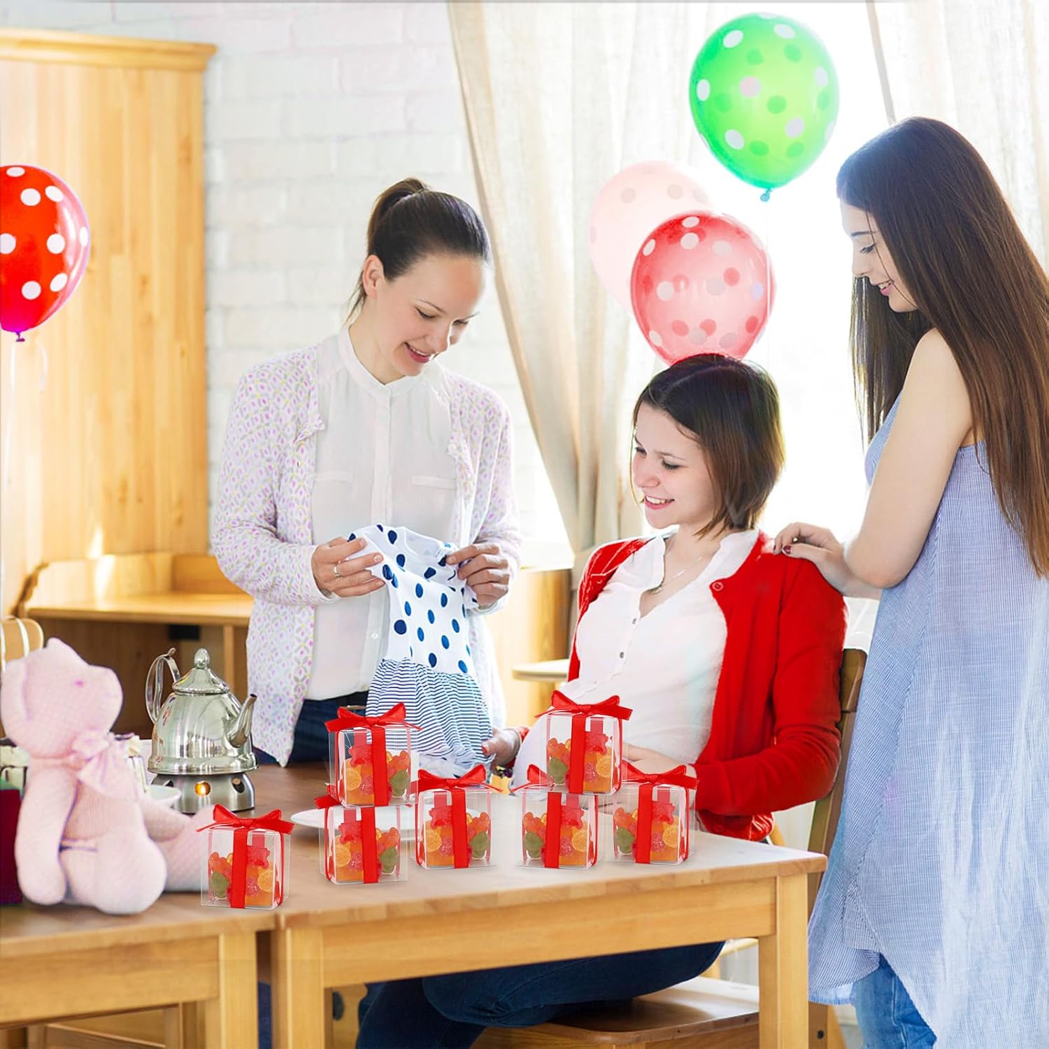 Adecortalk 50 Pcs Clear Gift Boxes With Red Ribbon