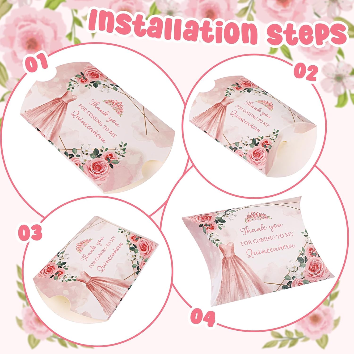 100 PCS Quinceanera Pillow Gift Boxes Rose Gold 15th Birthday Party Favors