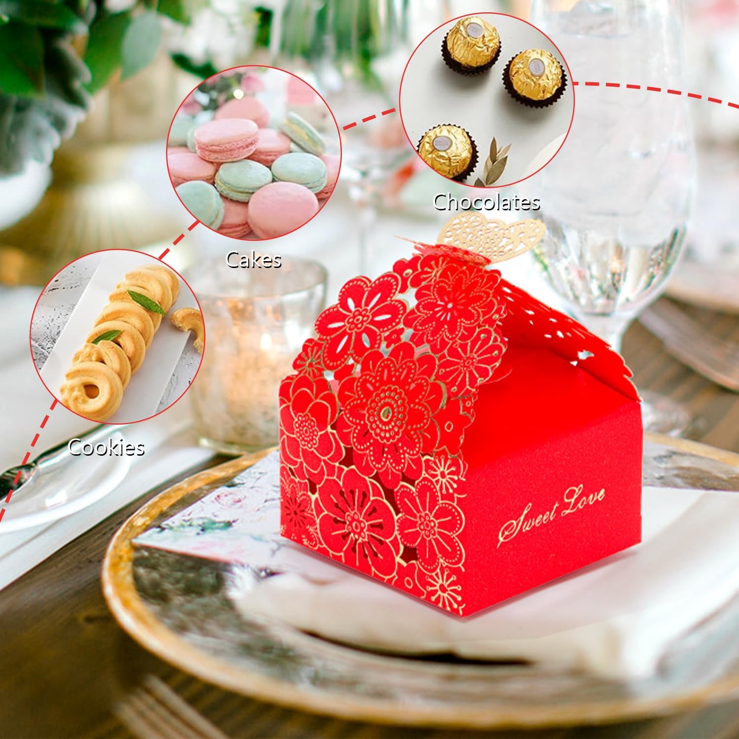 KAZIPA 50pcs Laser Cut Butterfly Favor Boxes Gold Stamping Red