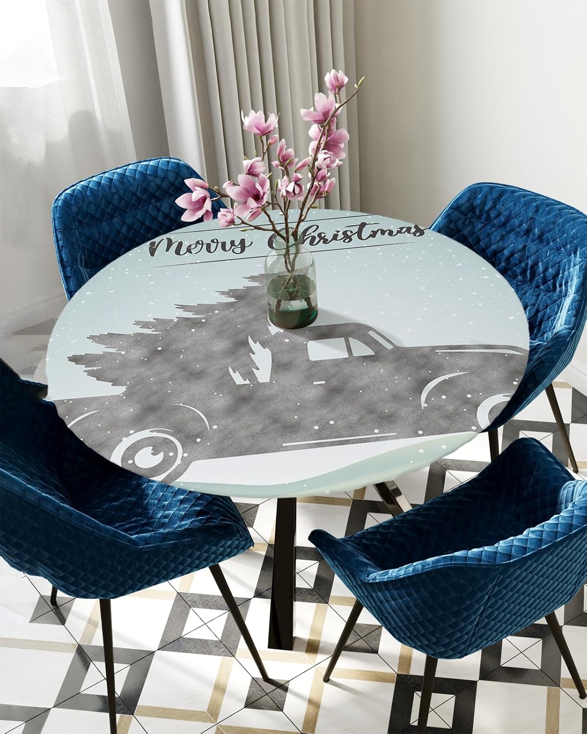 Christmas Round Waterproof Table Cover with Elastic Wipeable Fabric