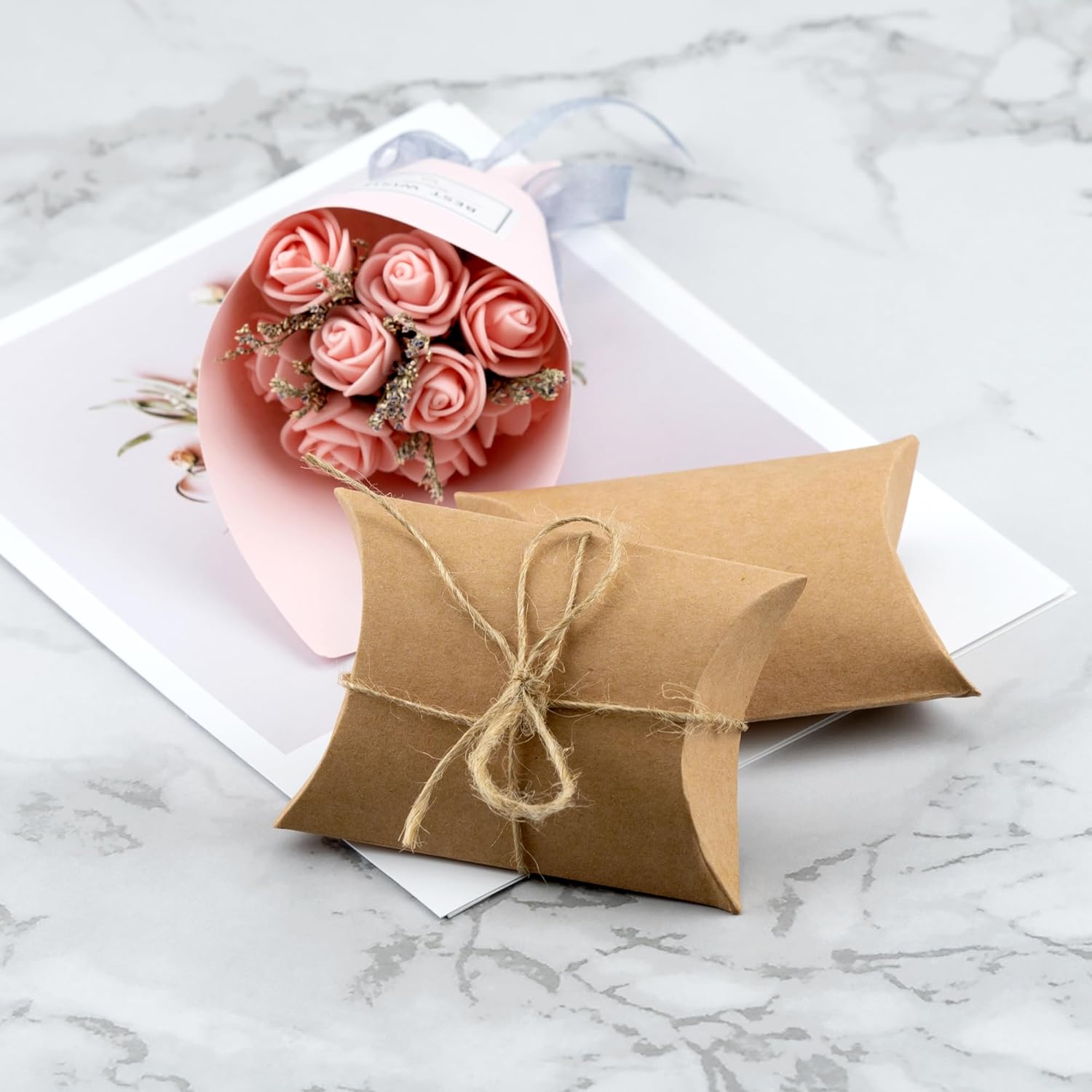 IFAMIO 50 Pcs Kraft Paper Pillow Gift Boxes with Jute Rope