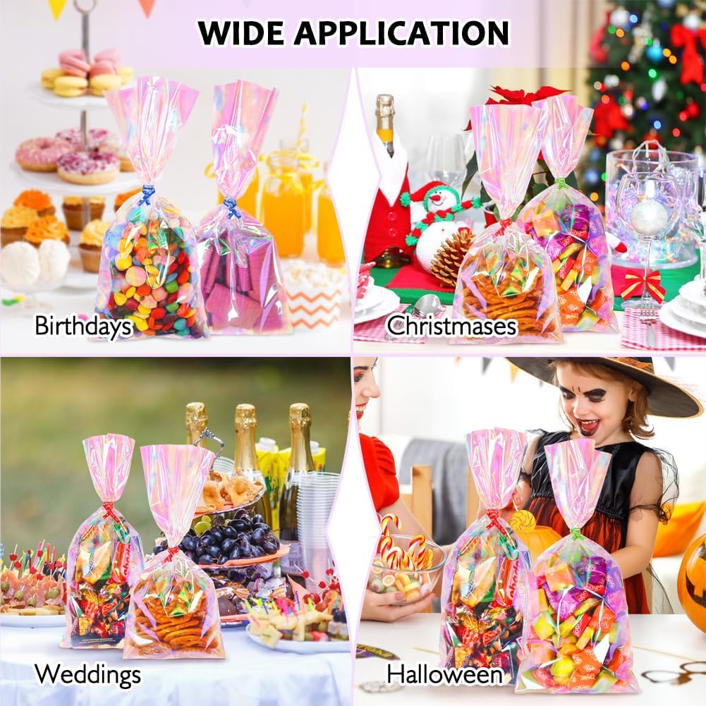 JOINDO 100PCS Iridescent Treat Bags with Twist Ties