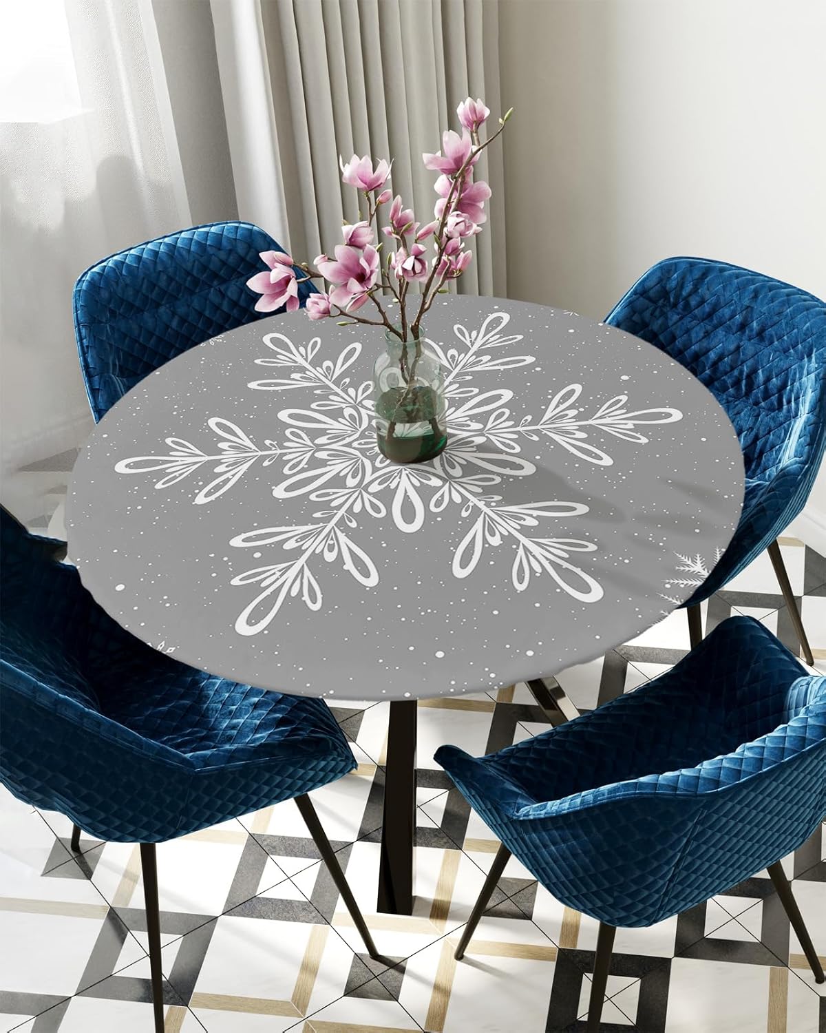 Christmas Snowflake Round Waterproof Table Cover for Indoor Outdoor Use