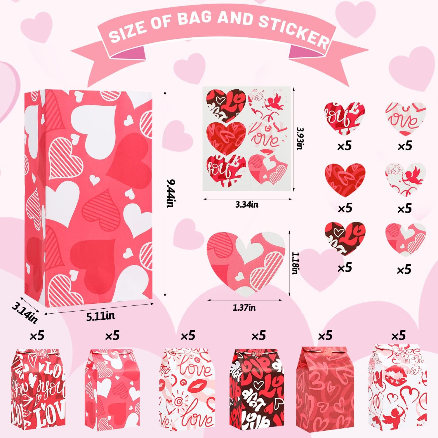 FOIMAS Valentines Day Gift Bags 30pcs Heart Kraft Paper Treat Bags