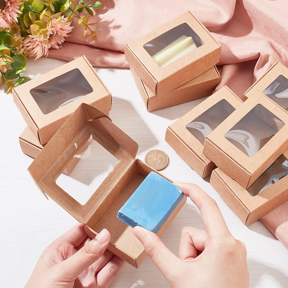 BENECREAT 30 Pack Rectangle Brown Kraft Gift Boxes with Clear Window