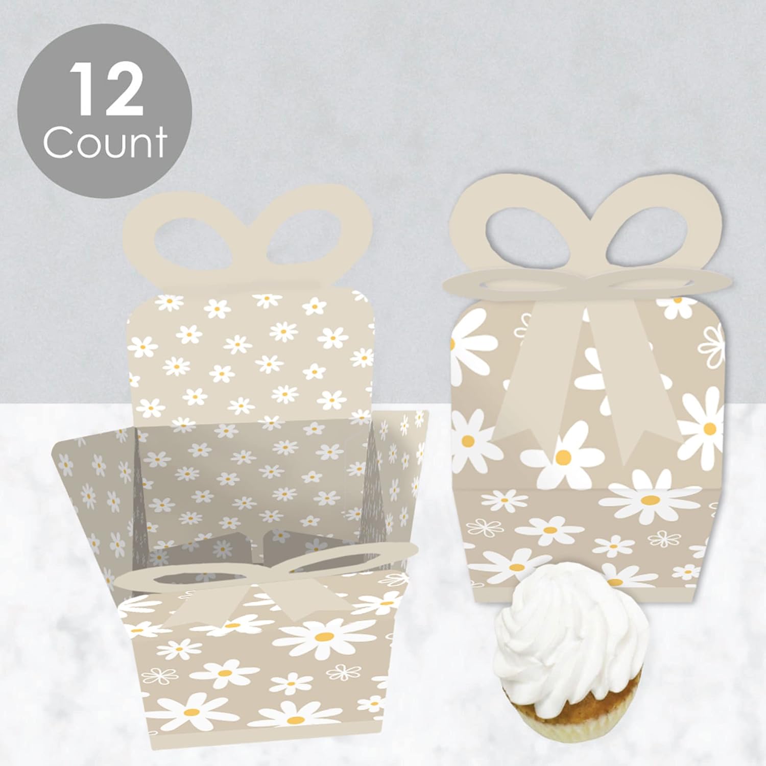 Big Dot of Happiness Tan Daisy Flowers Gift Boxes - Set of 12