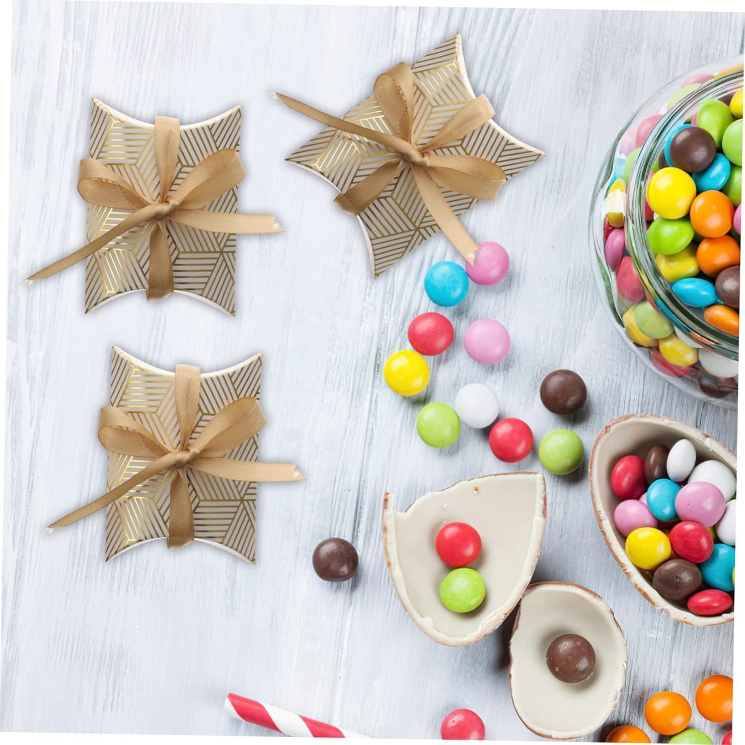 Beaupretty 50pcs Foil Candy Pillow Boxes with Ribbons for Weddings and Parties